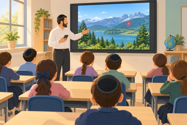 מורה עומד מול הכיתה, מביט אל התלמידים, ומנהל את השיעור מהטלפון בזמן שהתמונה מוצגת על המסך הגדול מאחוריו