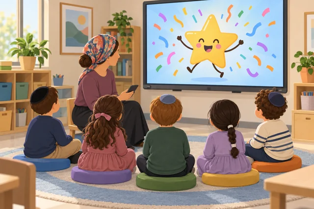 כיתה קטנה בחינוך המיוחד: המורה יושבת בין הילדים עם טלפון, ועל המסך דמות מונפשת חוגגת