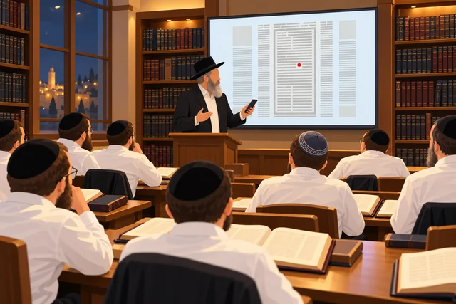 שיעור בבית מדרש: הרב עומד מול הלומדים עם טלפון ביד, ועל המסך מאחוריו דף עם נקודה אדומה על שורה